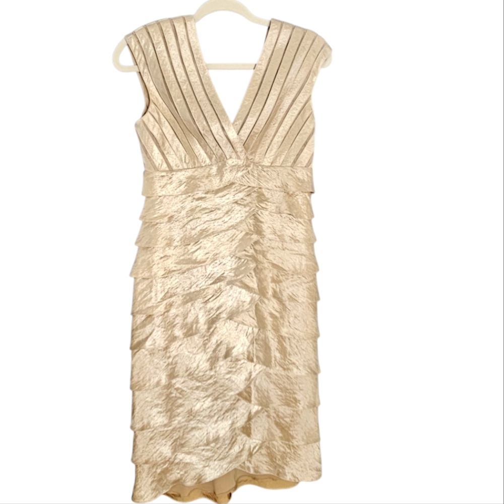 Vtg. Y2K Cache Metalic Gold Shutter Pleated Ruffle Tiered Cocktail Midi Dress 6